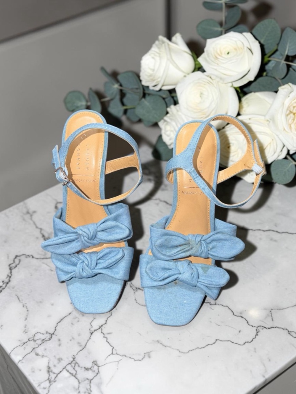 LAUREN CONRAD Blue Bow Cork Heels Size 8 - Picture 2 of 7
